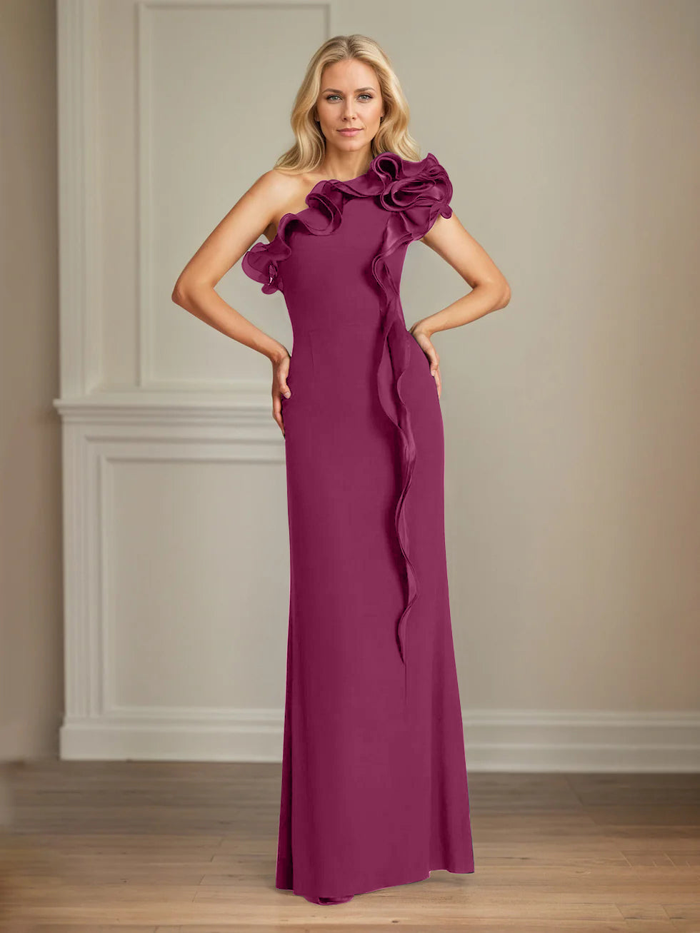 Navy Stretch Crepe One-Shoulder Sheath Dress with Ruffles – Floor-Length Mother of the Bride Gown