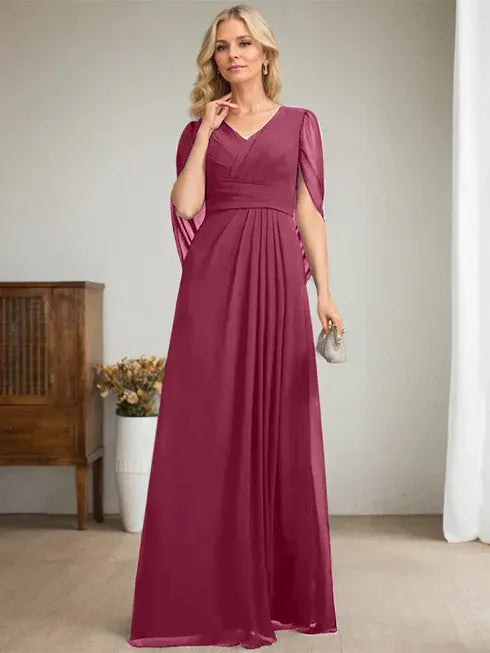 Dark Navy A-Line V-Neck Long Mother of the Bride Dress