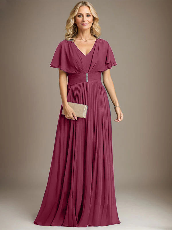A-Line V-Neck Floor-Length Chiffon Mother of the Bride Dress with Crystal Brooch and Pleated Design