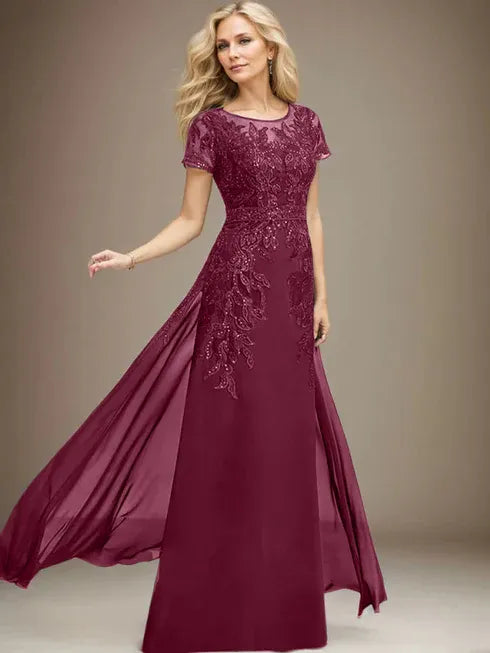 Floor-Length Lace Chiffon Mother of the Bride Dress with Sheath/Column Scoop Illusion and Sequins