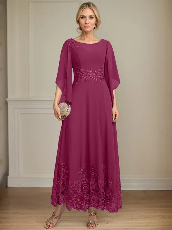 A-Line Scoop Neck Illusion Lace Chiffon Mother of the Bride Dress with Sequins and Ankle-Length Hem