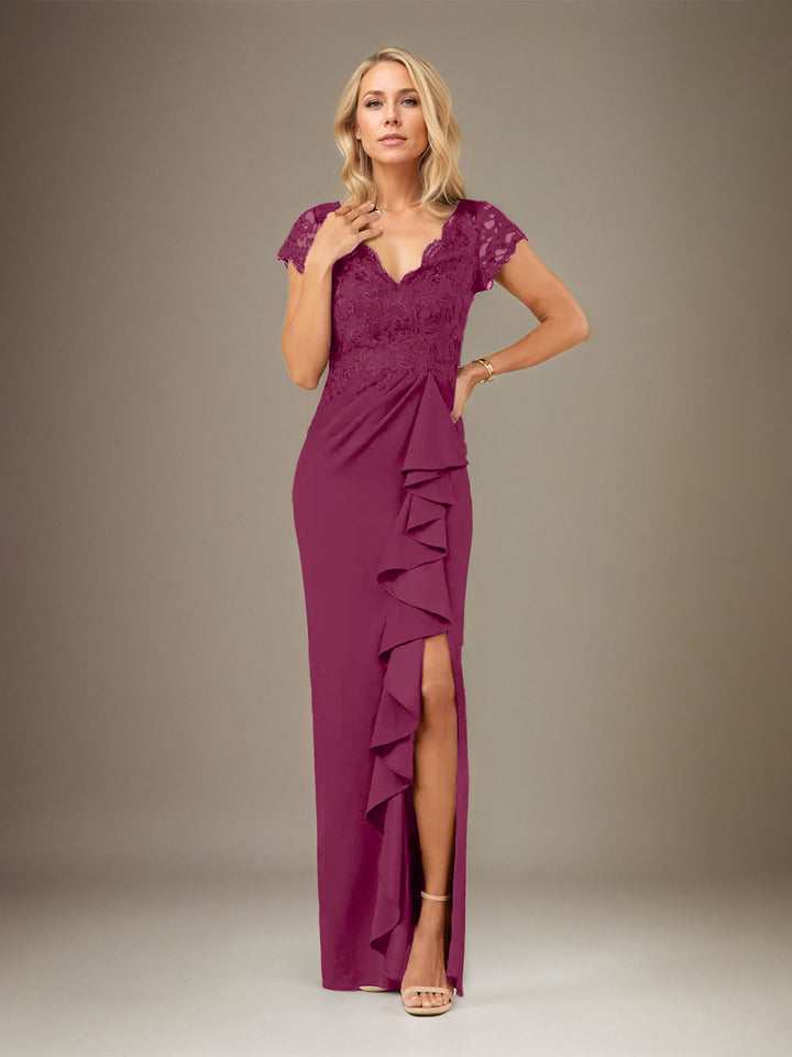 V-Neck Short Sleeve Floor-Length Chiffon Dress with Sheath/Column Silhouette and Cascading Ruffles