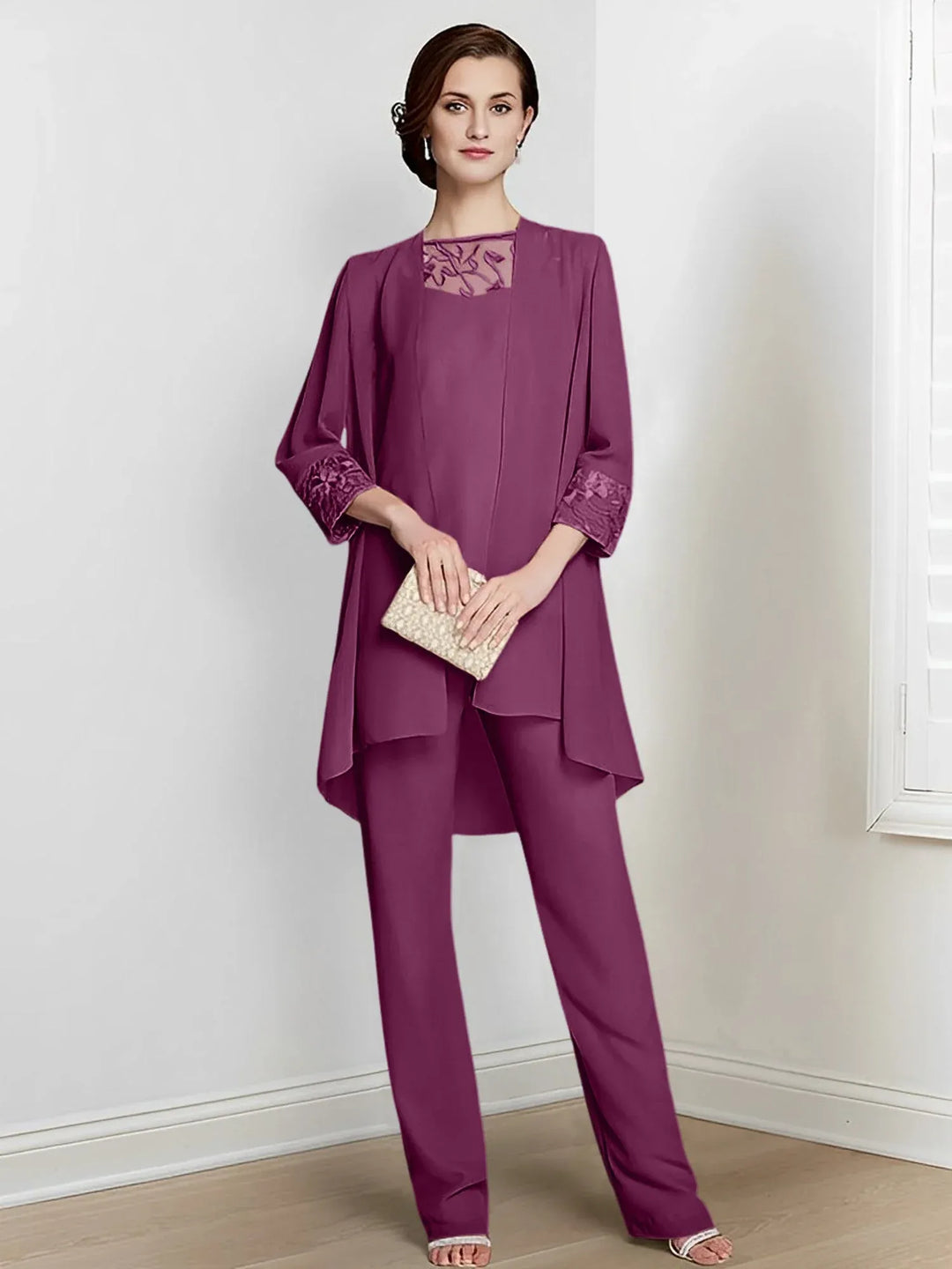 Chiffon Long Sleeve Mother of the Bride Pantsuit with Jacket