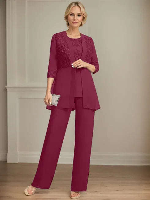 Floor-Length Chiffon Lace Jumpsuit and Pantsuit Separates with Sequins – Perfect Mother of the Bride Dress