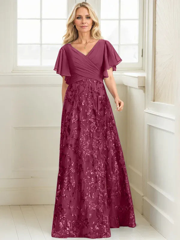A-Line V-Neck Floor-Length Lace and Sequin Chiffon Mother of the Bride Dress with Pleats