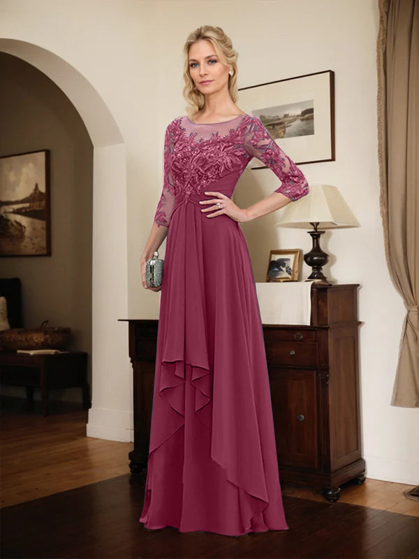 A-Line Scoop Neck Illusion Floor-Length Lace Chiffon Mother of the Bride Dress with Cascading Ruffles
