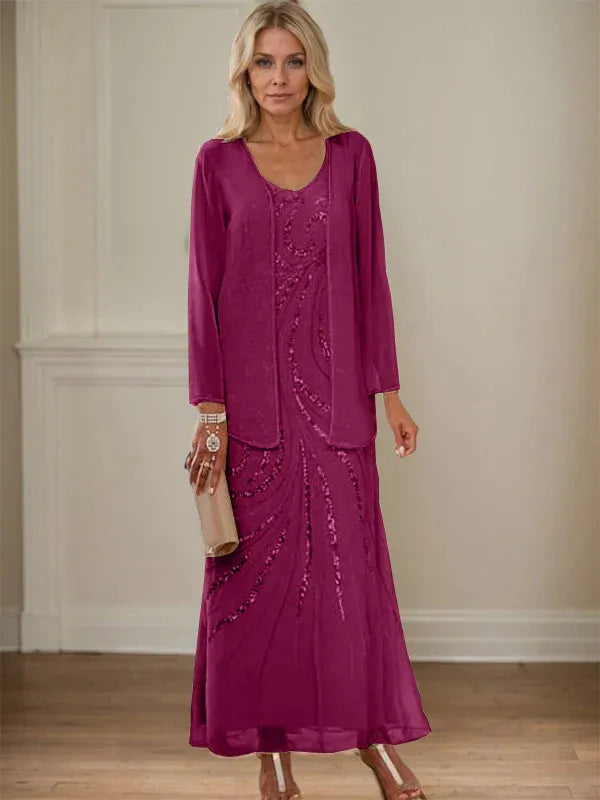 V-Neck Sheath/Mother of the Bride Ankle-Length Dress with Jacket & Sequins