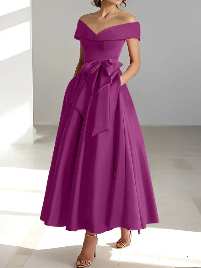 A-Line Off-the-Shoulder Sleeveless Ankle-Length Mother of the Bride Dress with Pockets