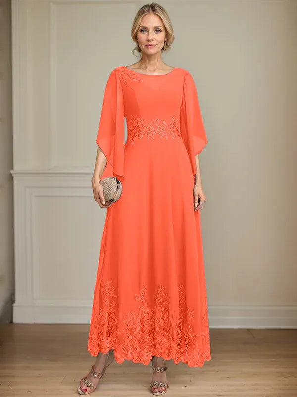 A-Line Scoop Neck Illusion Lace Chiffon Mother of the Bride Dress with Sequins and Ankle-Length Hem