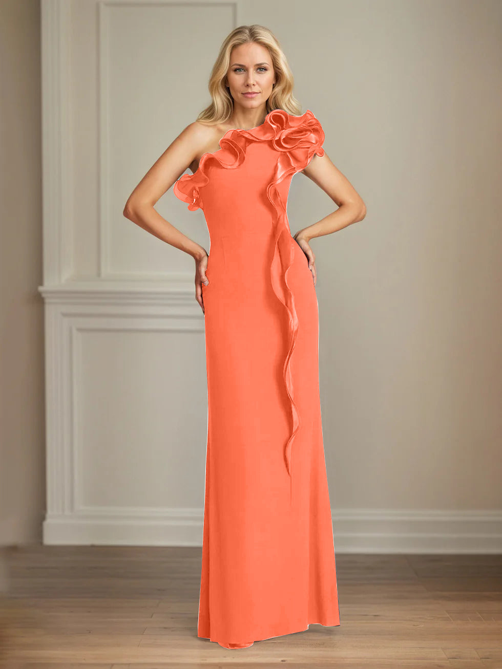 Navy Stretch Crepe One-Shoulder Sheath Dress with Ruffles – Floor-Length Mother of the Bride Gown