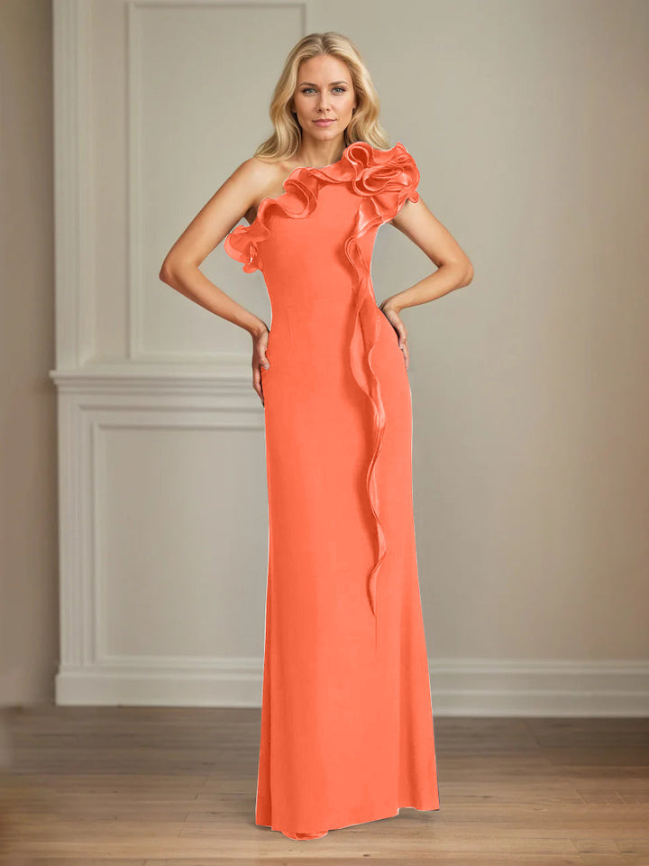 Navy Stretch Crepe One-Shoulder Sheath Dress with Ruffles – Floor-Length Mother of the Bride Gown