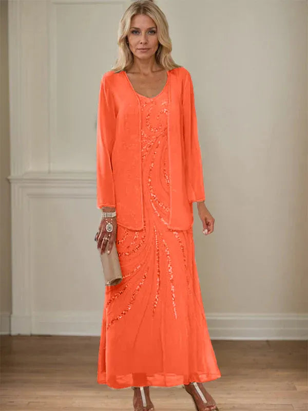 V-Neck Sheath/Mother of the Bride Ankle-Length Dress with Jacket & Sequins