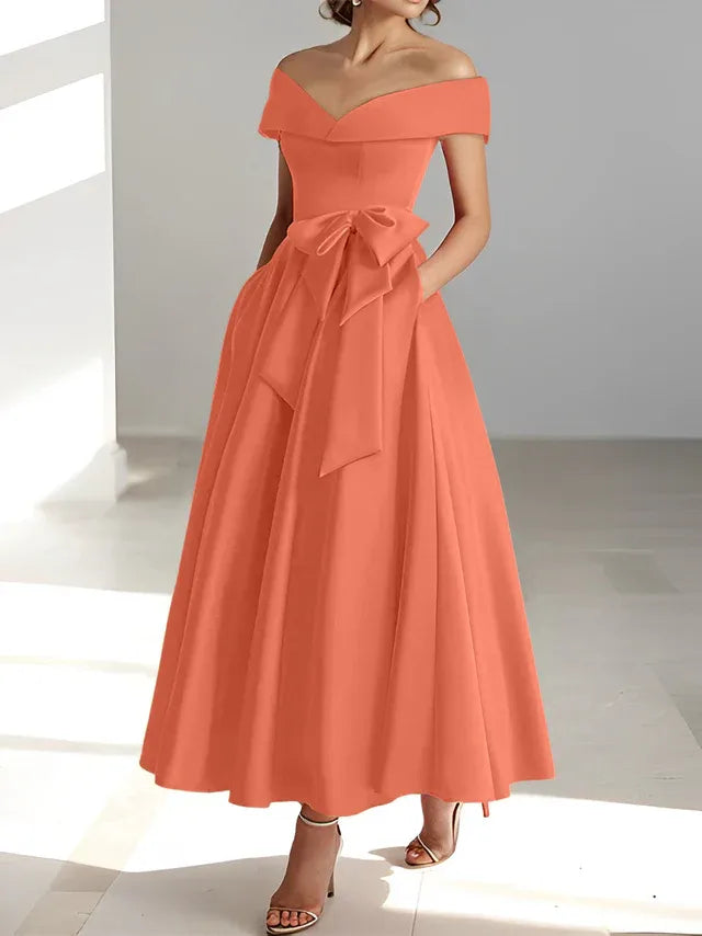 A-Line Off-the-Shoulder Sleeveless Ankle-Length Mother of the Bride Dress with Pockets