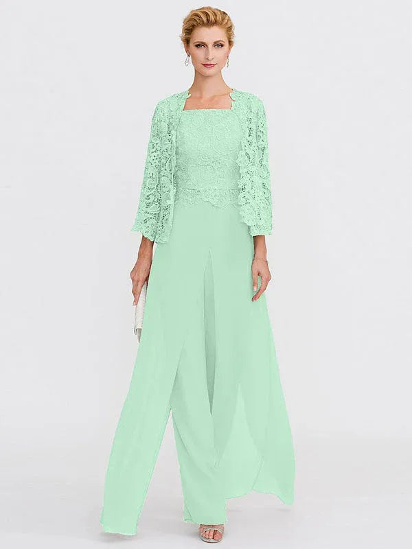 3-Piece Chiffon Square Neck Mother of the Bride Pantsuit Set with Jacket