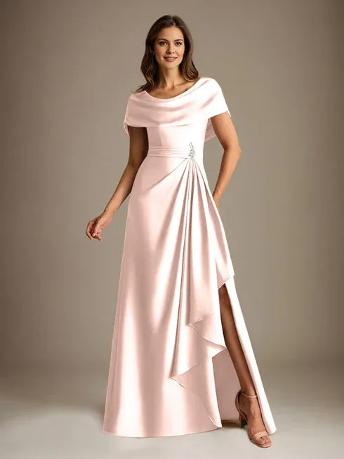 A-Line Scoop Neck Floor-Length Stretch Satin Mother of the Bride Dress with Cascading Ruffles