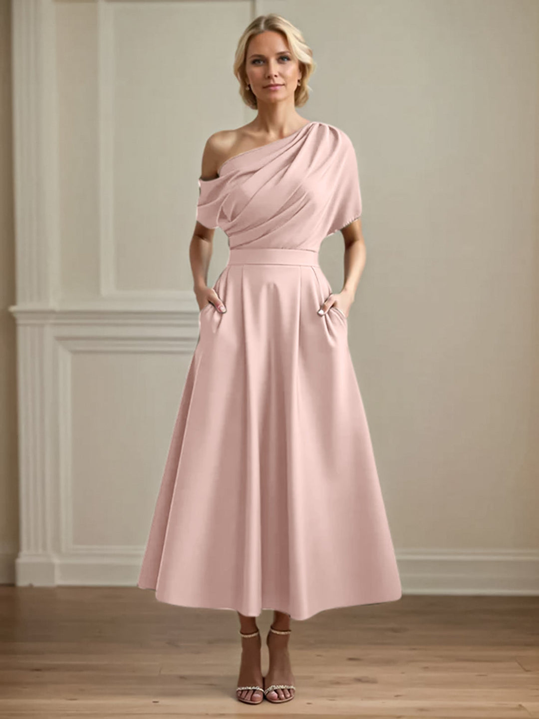 One-Shoulder Satin A-Line Pleated Ankle-Length Mother of the Bride Dress