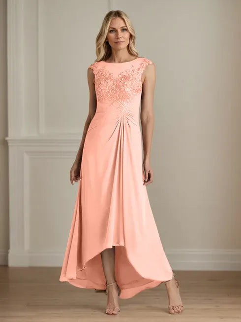 Champagne A-Line Lace and Chiffon Scoop Neck Dress