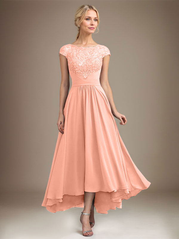 A-Line Scoop Neck Illusion Asymmetrical Lace Chiffon Mother of the Bride Dress with Pleats