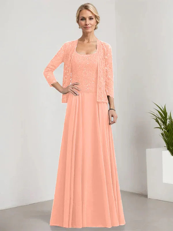 A-Line Square Neck Floor-Length Lace and Chiffon Mother of the Bride Dress with Sequins