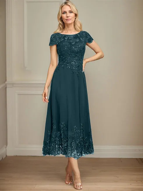 A-Line Illusion Scoop Tea-Length Lace Chiffon Mother of the Bride Dress with Sequins