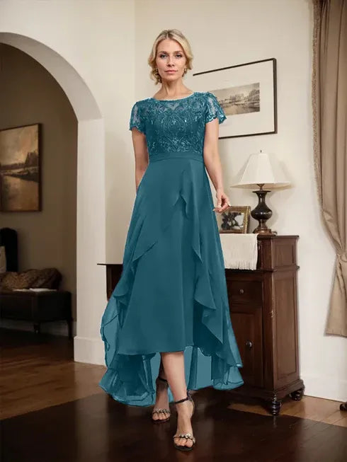 A-Line Scoop Neck Illusion Asymmetrical Chiffon Lace Mother of the Bride Dress with Bow, Ruffle, and Sequins
