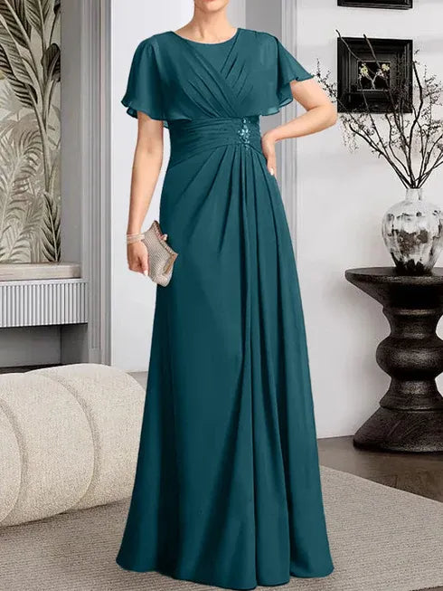 A-Line Scoop Neck Floor-Length Chiffon Mother of the Bride Dress with Pleated Beading
