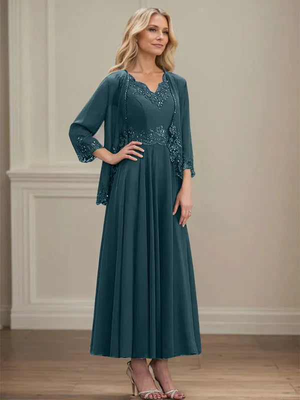 A-Line V-Neck Chiffon Mother of the Bride Dress with Sequins, Appliques, Lace, and Beading at Ankle Length