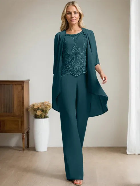 Floor-Length Chiffon Lace Mother of the Bride Jumpsuit/Pantsuit with Scoop Neck, Beading, and Sequins