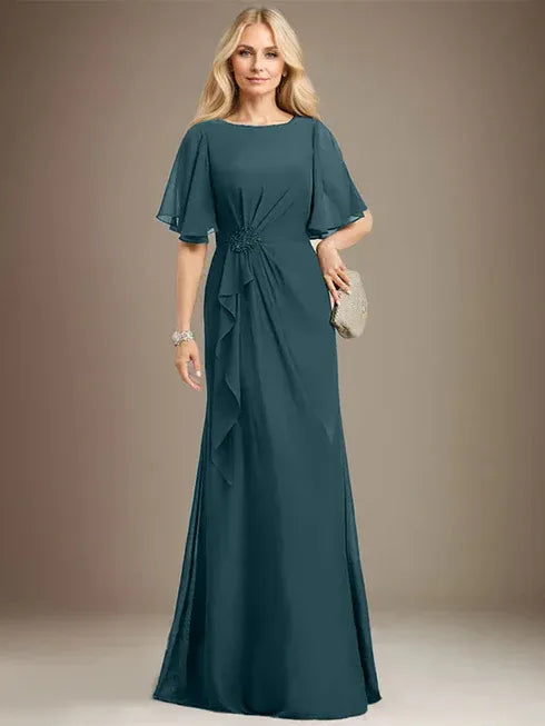 A-Line Scoop Floor-Length Chiffon Mother of the Bride Dress with Cascading Ruffles, Beading, and Sequins