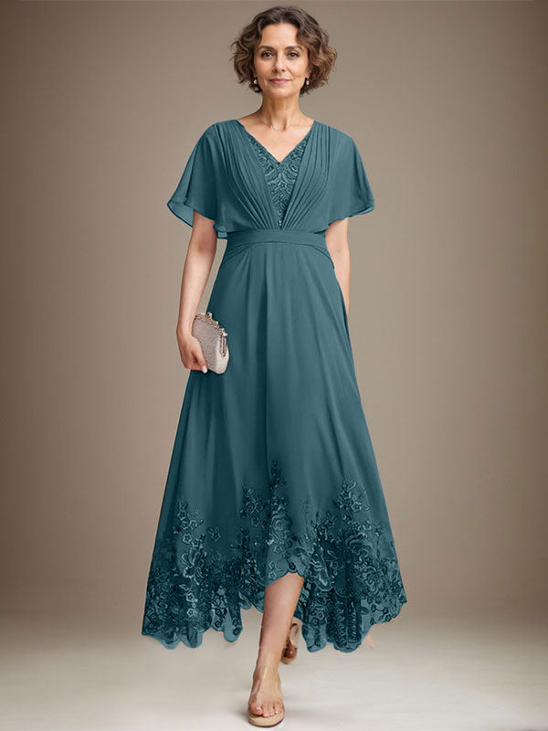 A-Line V-Neck Asymmetrical Lace Chiffon Mother of the Bride Dress with Pleats