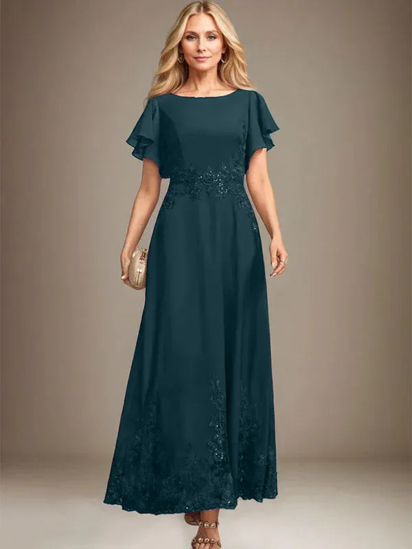 A-Line Scoop Neck Ankle-Length Lace and Chiffon Mother of the Bride Dress with Sequins