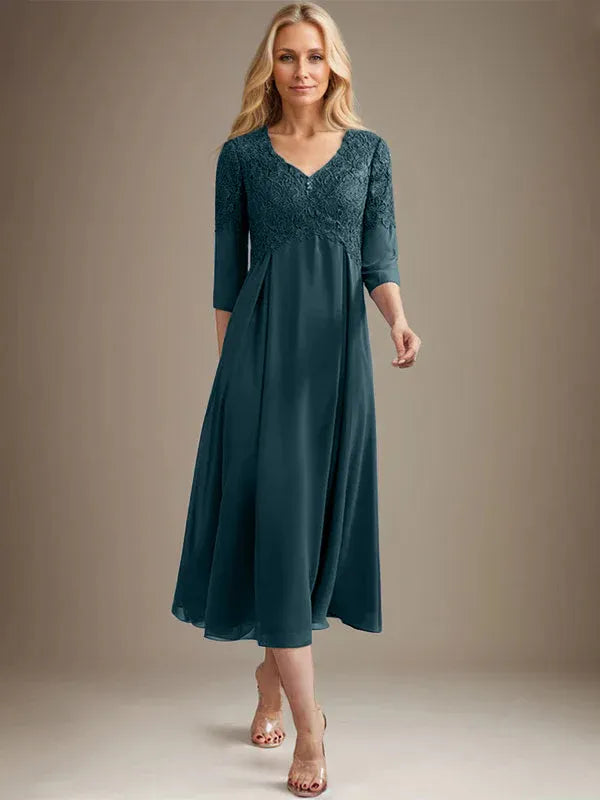 A-Line V-Neck Tea-Length Chiffon Lace Mother of the Bride Dress with Beading