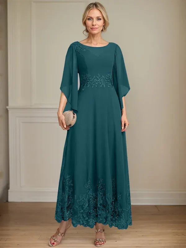 A-Line Scoop Neck Illusion Lace Chiffon Mother of the Bride Dress with Sequins and Ankle-Length Hem