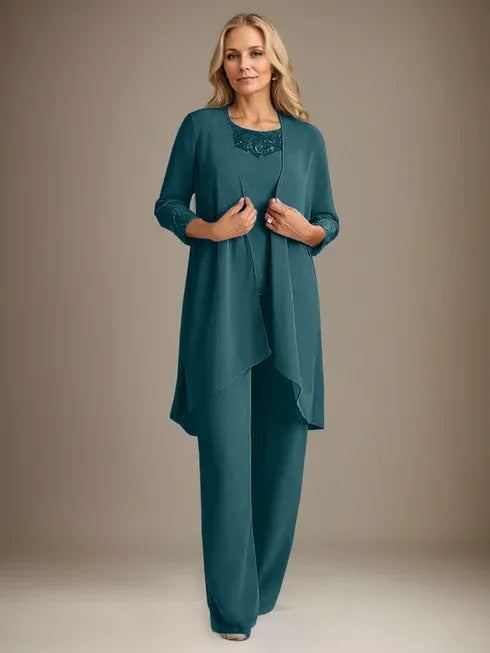 Chiffon Scoop Neck Long Sleeve Mother of the Bride Pantsuit with Jacket