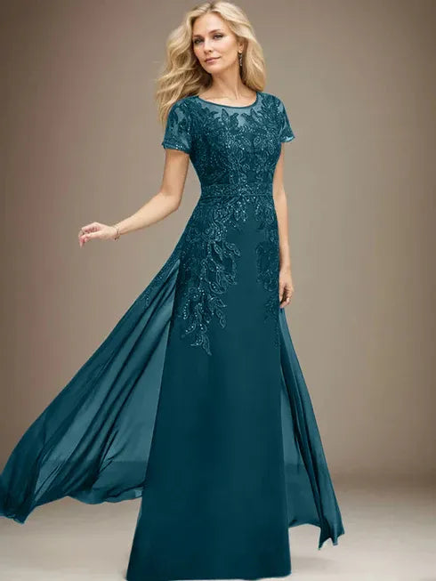 Floor-Length Lace Chiffon Mother of the Bride Dress with Sheath/Column Scoop Illusion and Sequins