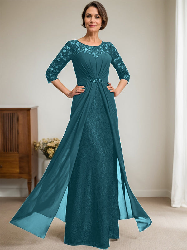 A-Line Scoop Neck Illusion Floor-Length Lace Chiffon Mother of the Bride Dress with Beaded Ruffles