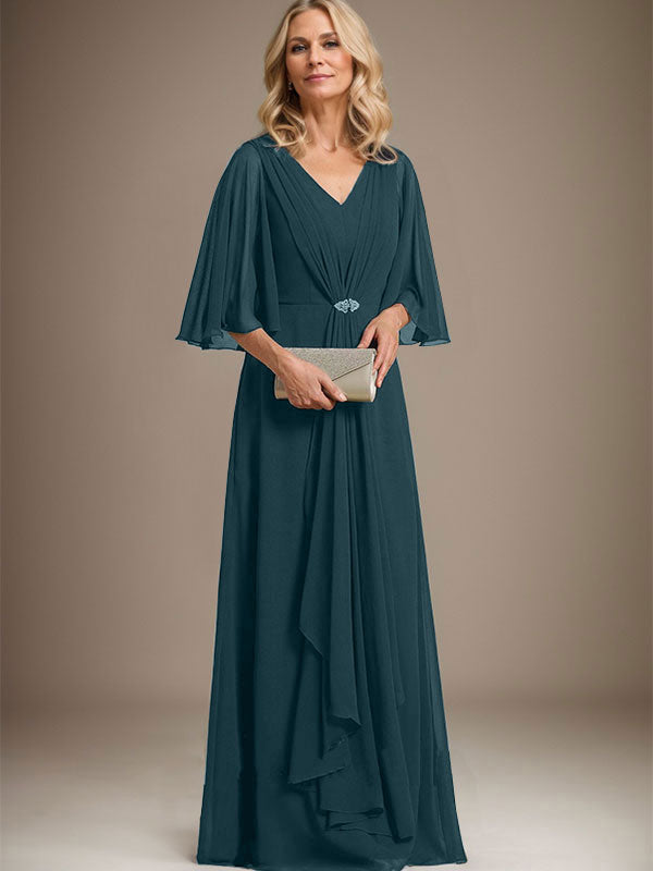 A-Line V-Neck Floor-Length Chiffon Mother of the Bride Dress with Cascading Ruffles and Crystal Brooch