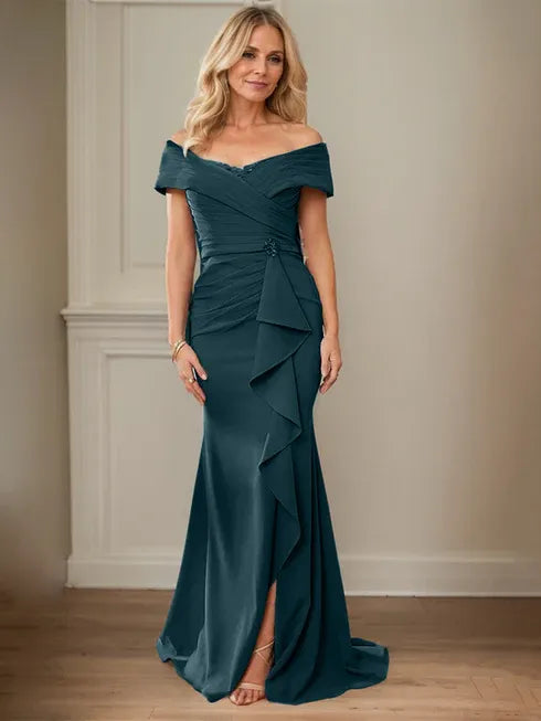 Floor-Length Lace and Chiffon Mother of the Bride Dress with Sheath/Column V-Neck Illusion and Pleated Sequins