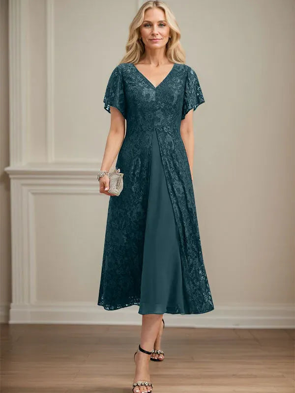 A-Line V-Neck Tea-Length Lace Chiffon Mother of the Bride Dress