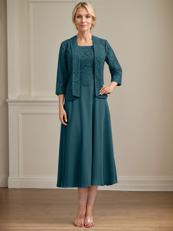 A-Line Scoop Neck Tea-Length Lace Chiffon Mother of the Bride Dress