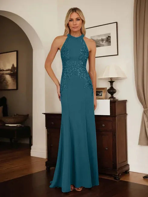 Dusty Blue Sheath Halter Mother of the Bride Dress with Appliqué Details