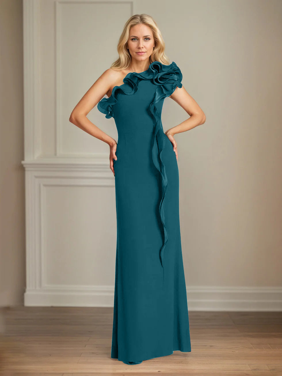 Navy Stretch Crepe One-Shoulder Sheath Dress with Ruffles – Floor-Length Mother of the Bride Gown