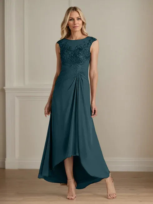 Champagne A-Line Lace and Chiffon Scoop Neck Dress
