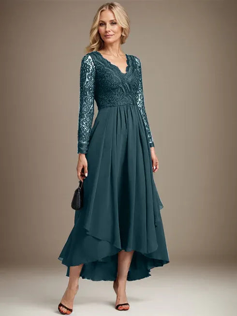 A-Line V-Neck Asymmetrical Lace Chiffon Mother of the Bride Dress