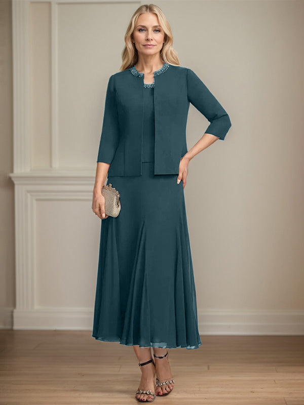 A-line Scoop Tea-Length Chiffon Mother of the Bride Dress with Sequins and Beading Separates