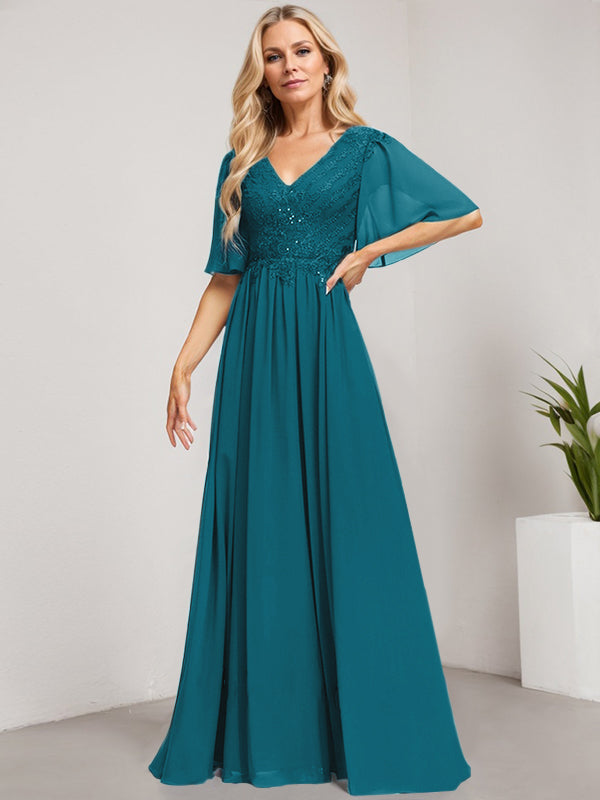 A-Line V-Neck Floor-Length Lace Chiffon Mother of the Bride Dress with Sequins