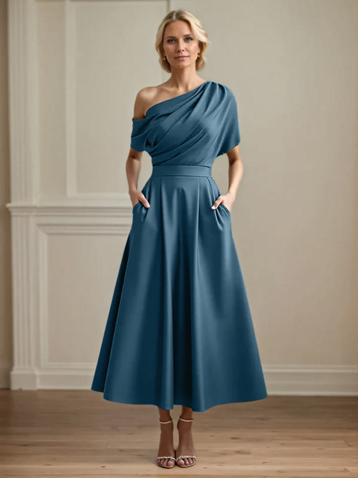 One-Shoulder Satin A-Line Pleated Ankle-Length Mother of the Bride Dress