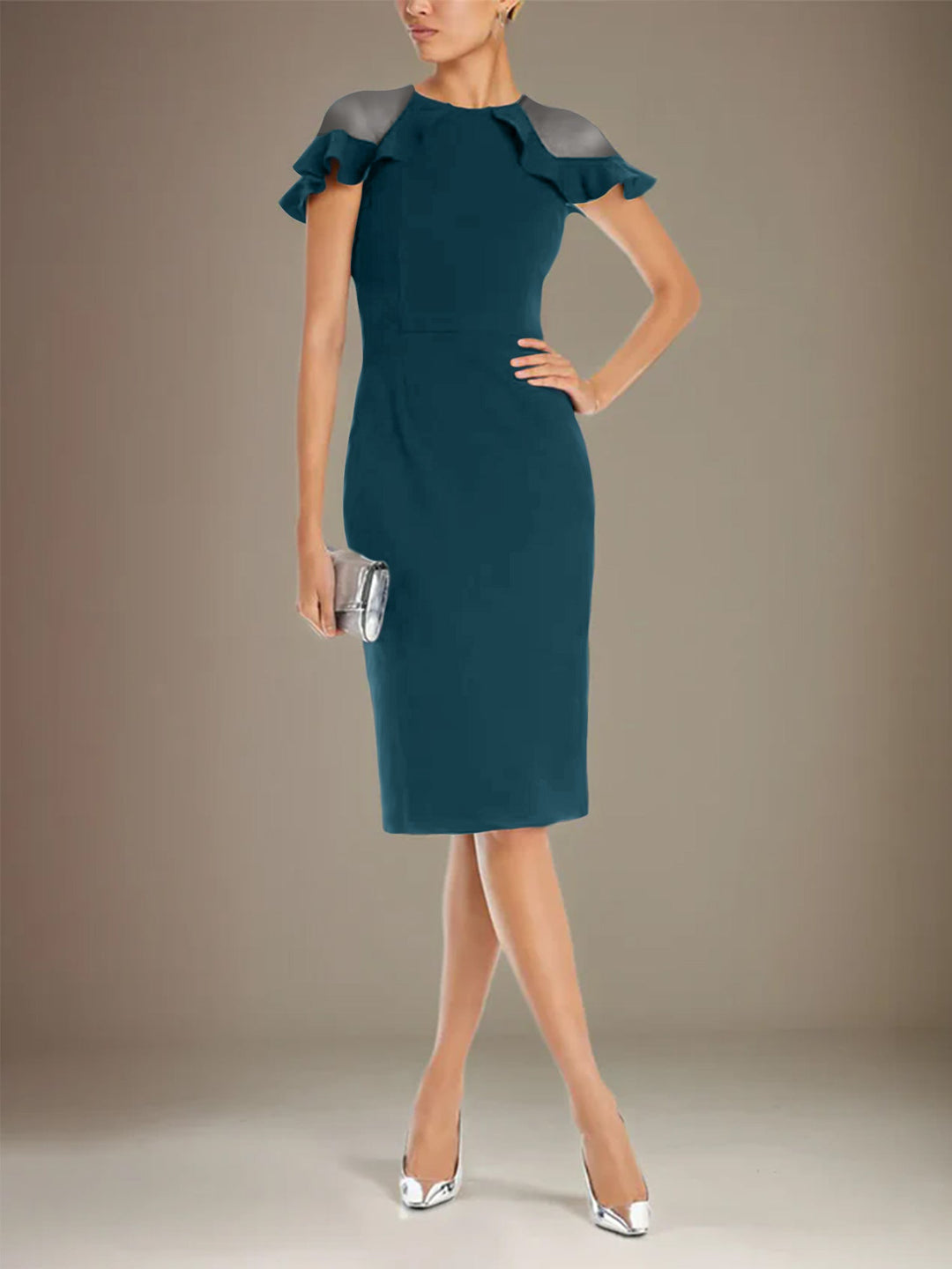 Sheath Dress with Column Stretch Crepe, Scoop Neck, Short Sleeves, Knee Length