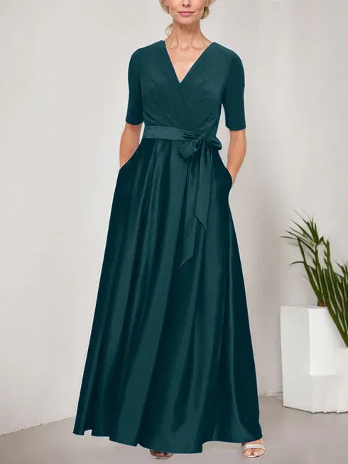 Surplice Neckline Ballgown with Full Satin Skirt and Jersey Bodice