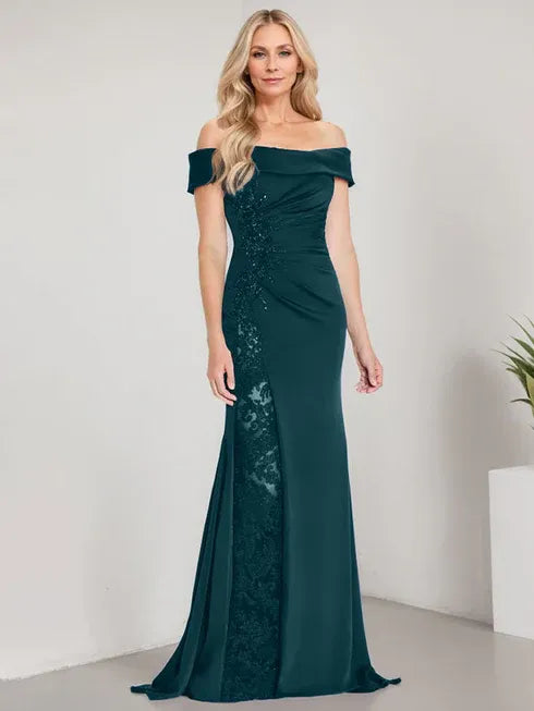 A-Line Off-the-Shoulder Floor-Length Mother of the Bride Dress with Appliqué Beadings and Mermaid Silhouette Featuring a High Split